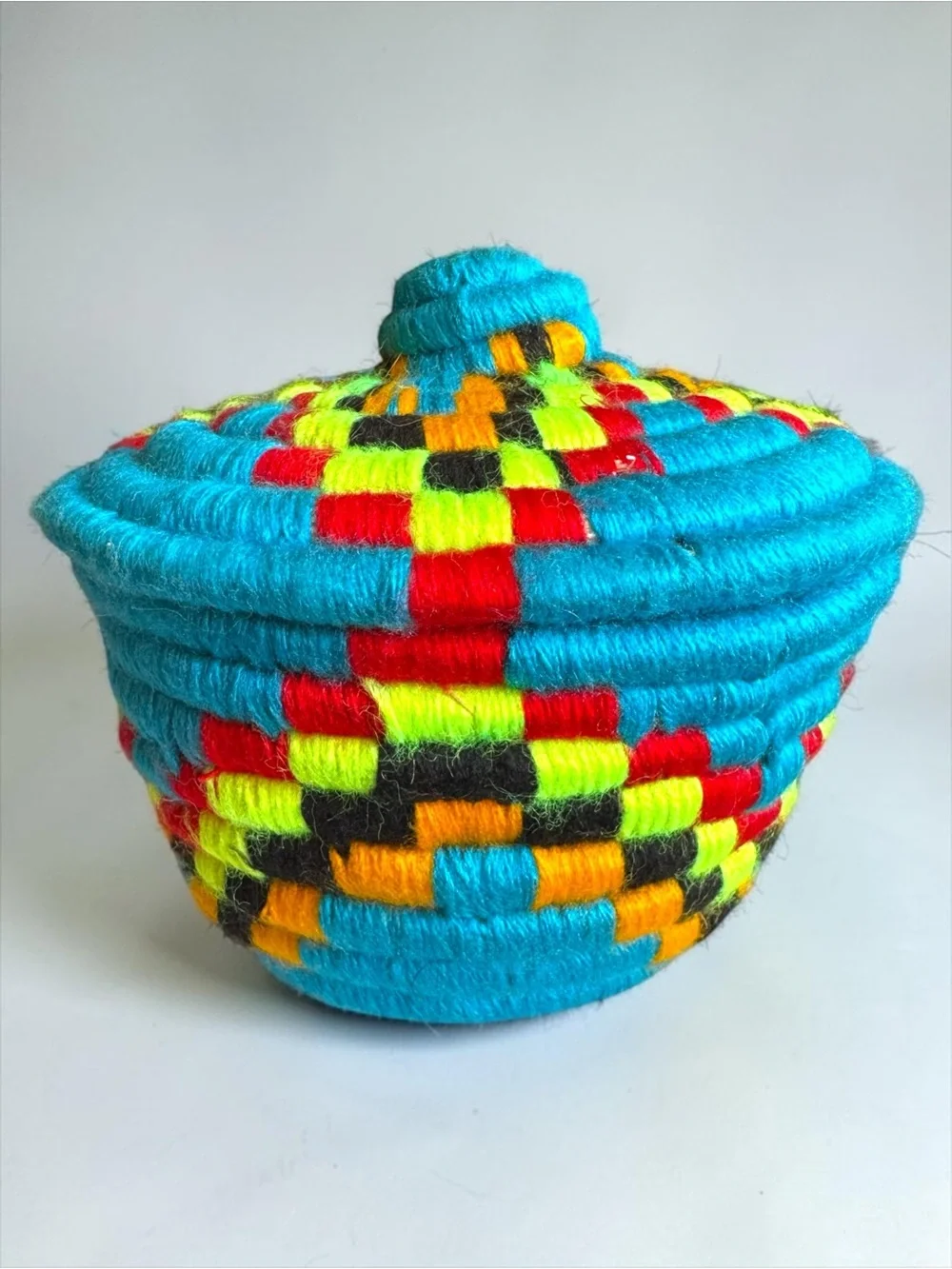 Berber Handwoven Wool Yarn Turquoise Basket.